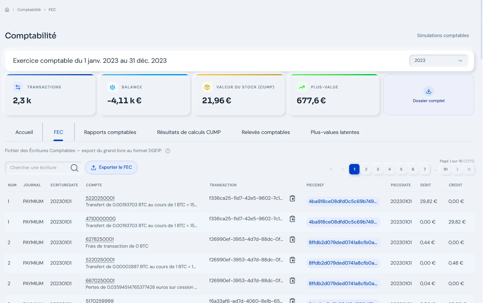 Génération de la comptabilité et export FEC dans Crypto Accounting